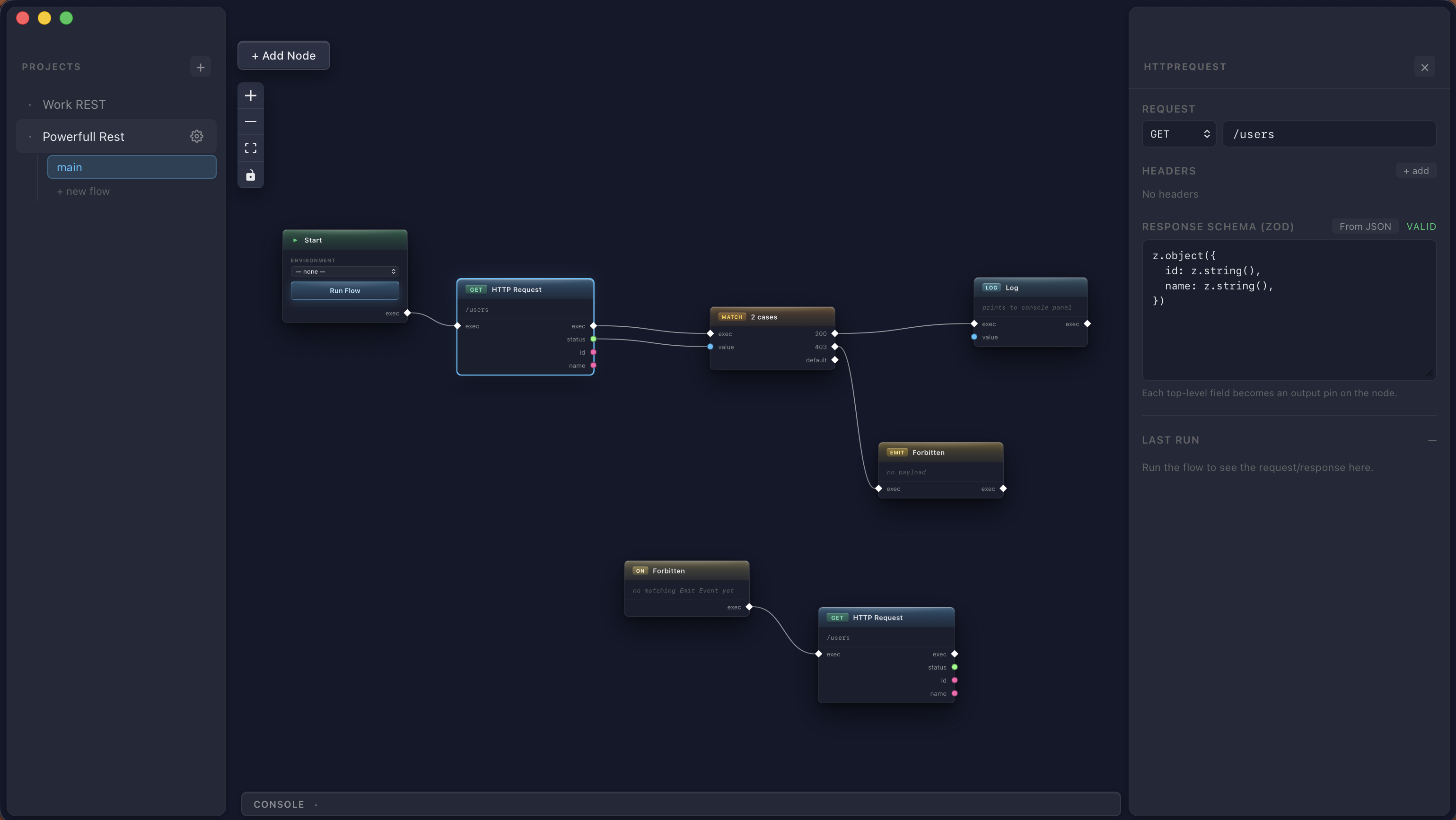 TwistedFlow desktop app with flow canvas, project bar, bottom workspace, and inspector